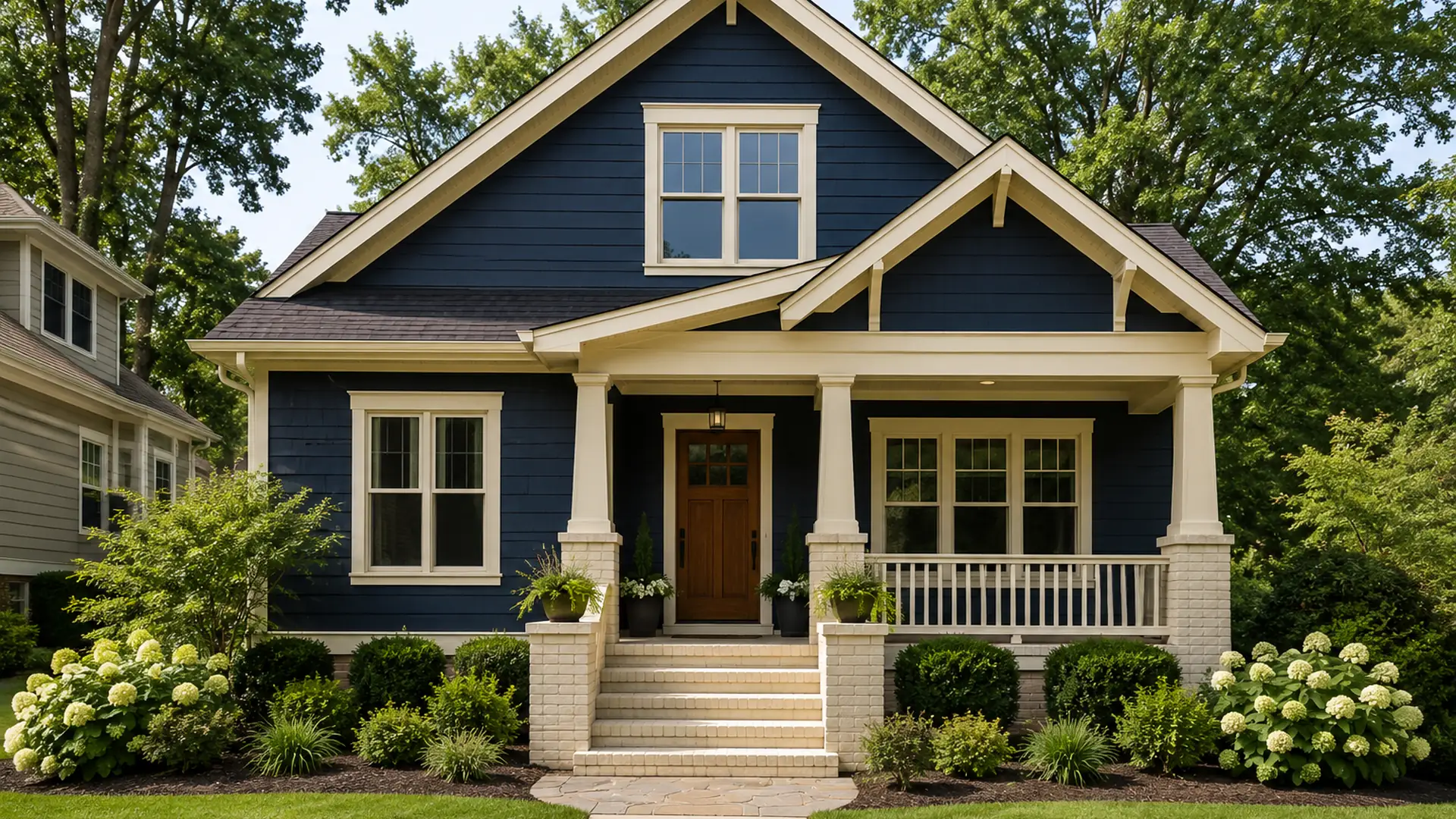 The same craftsman home with fresh navy siding and cream trim after a Roly Home Services repaint