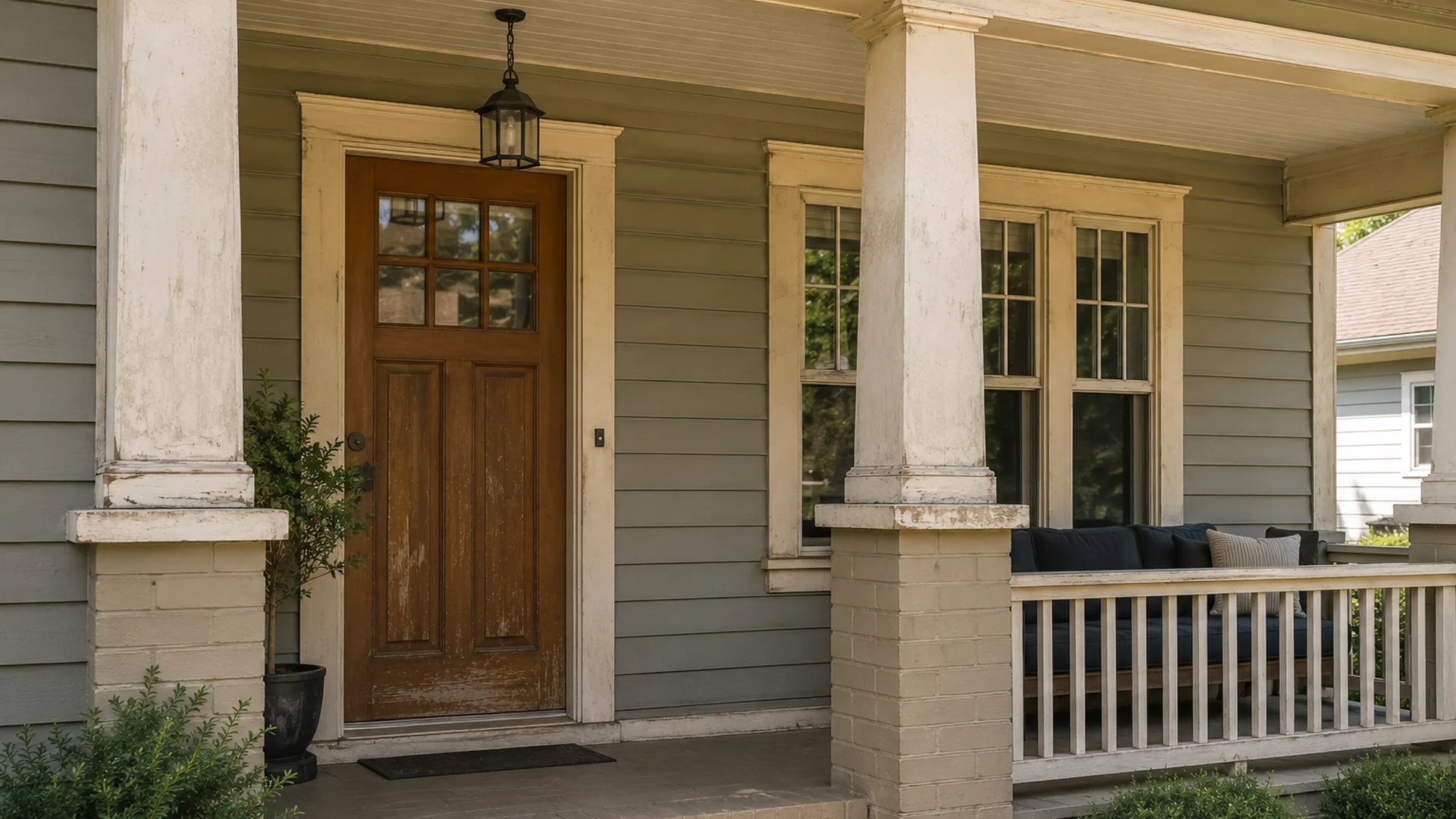 Exterior trim and front door before painting by Roly Home Services