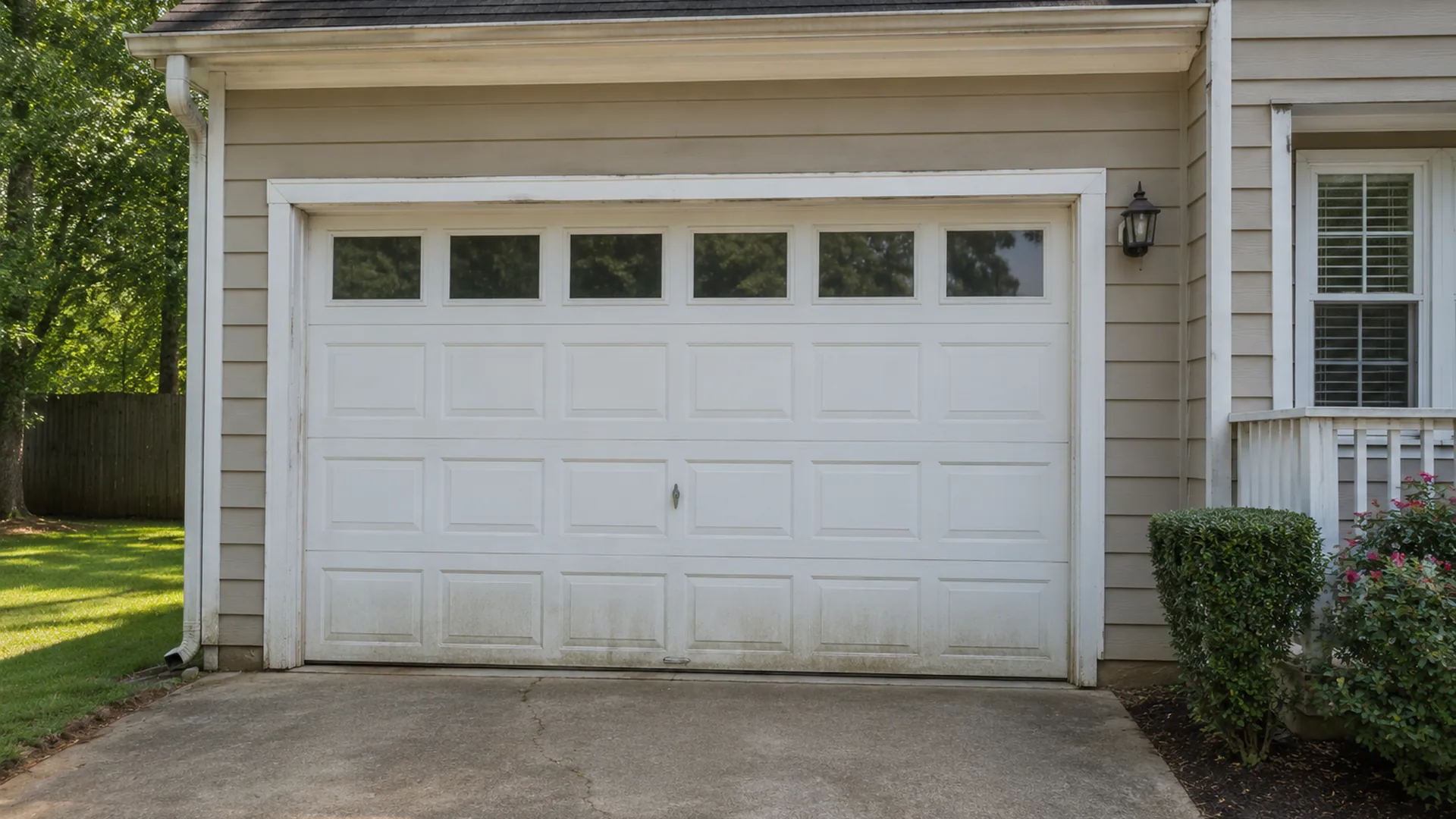 Garage door and trim with worn paint before a repaint by Roly Home Services
