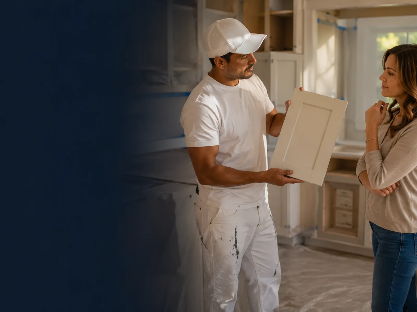 Freshly refinished cabinet door reviewed in a bright kitchen