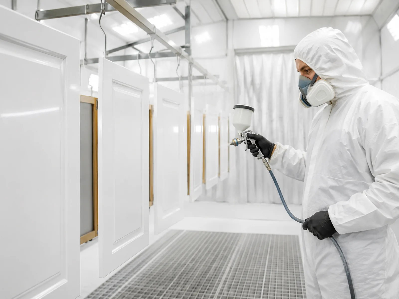 Cabinet doors being spray finished in a controlled booth setup