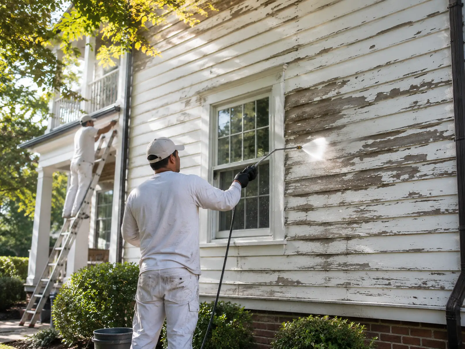 Exterior siding being washed and prepped before painting