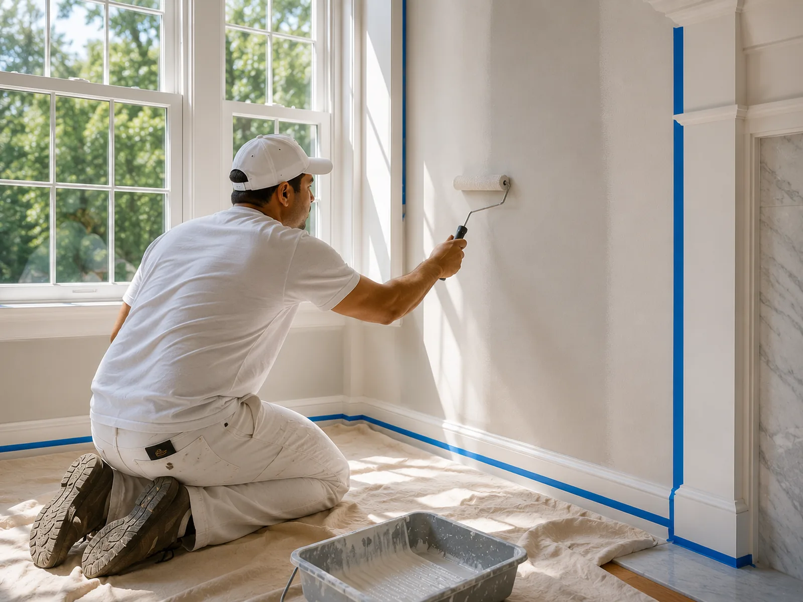 Painter rolling a smooth fresh coat onto an interior wall