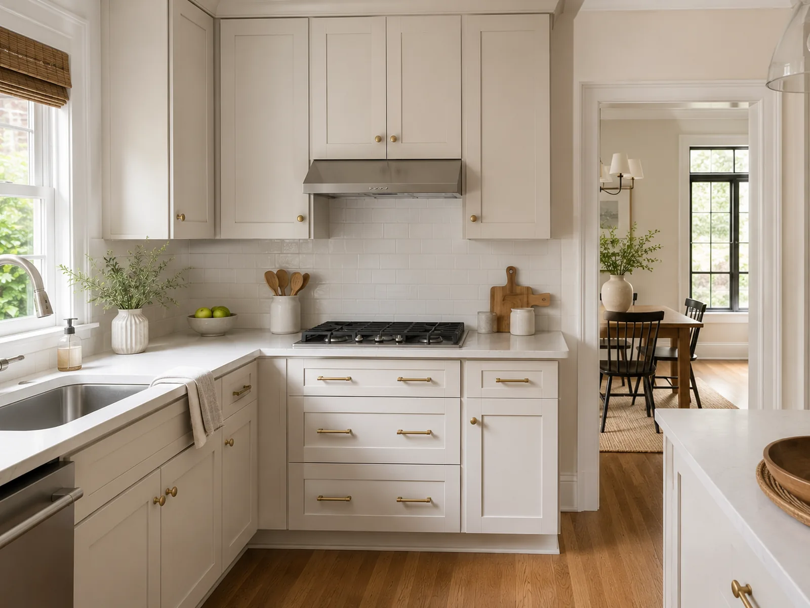 Finished painted kitchen cabinets in a warm Atlanta home