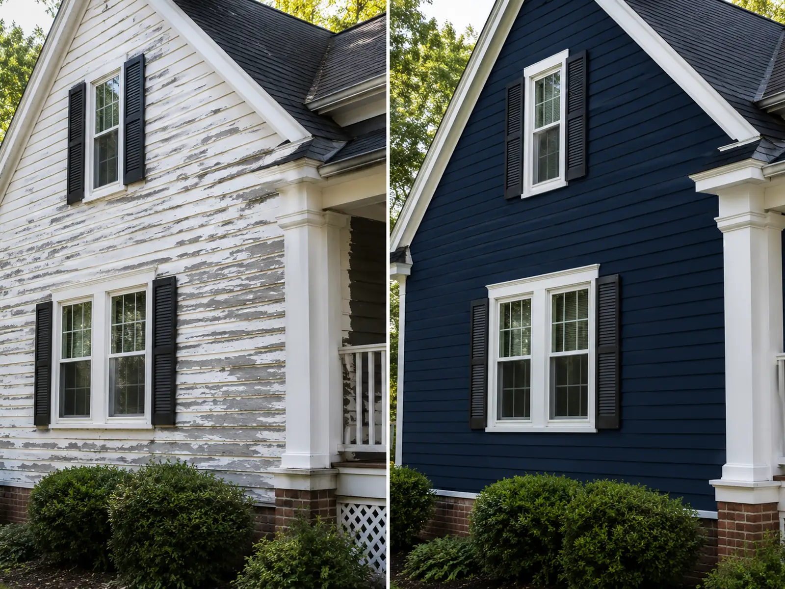 Before and after exterior repaint transformation on a local home