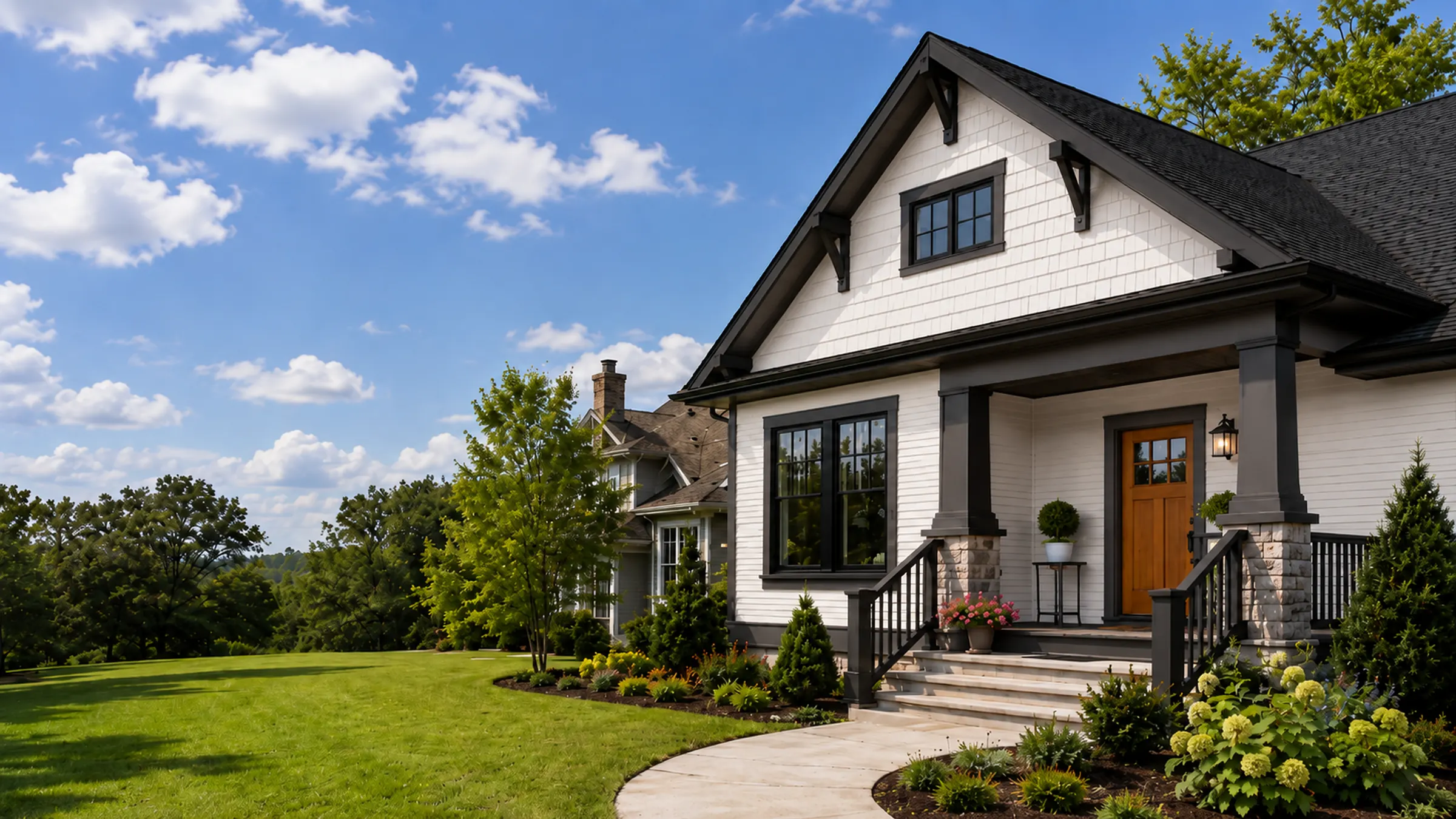 The same home in warm off-white with black trim