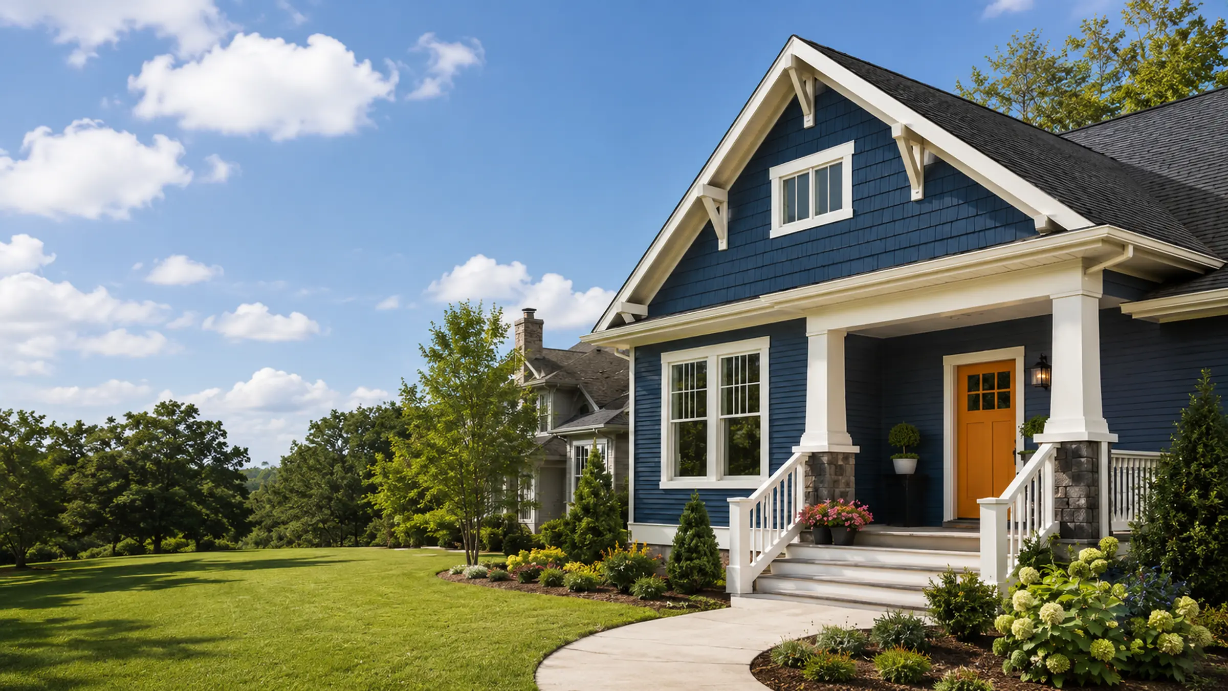 The same home in deep blue with white columns
